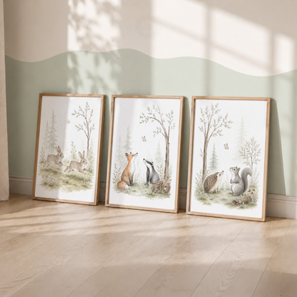 Woodland Animal Nursery Prints – Fox, Badger, Rabbits, Hedgehog & Squirrel Wall Art Set