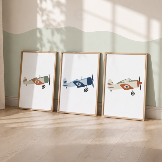 Vintage Aeroplane Wall Art Print Set – Boys Bedroom Nursery Decor