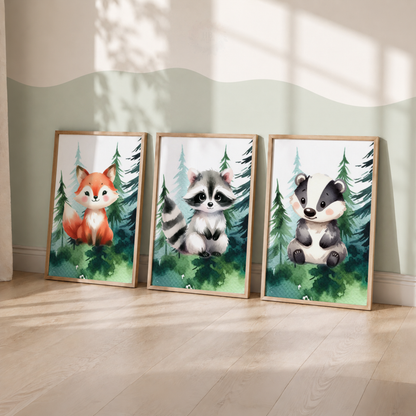 Woodland Animal Nursery Prints Set – Fox Raccoon & Badger Forest Wall Art