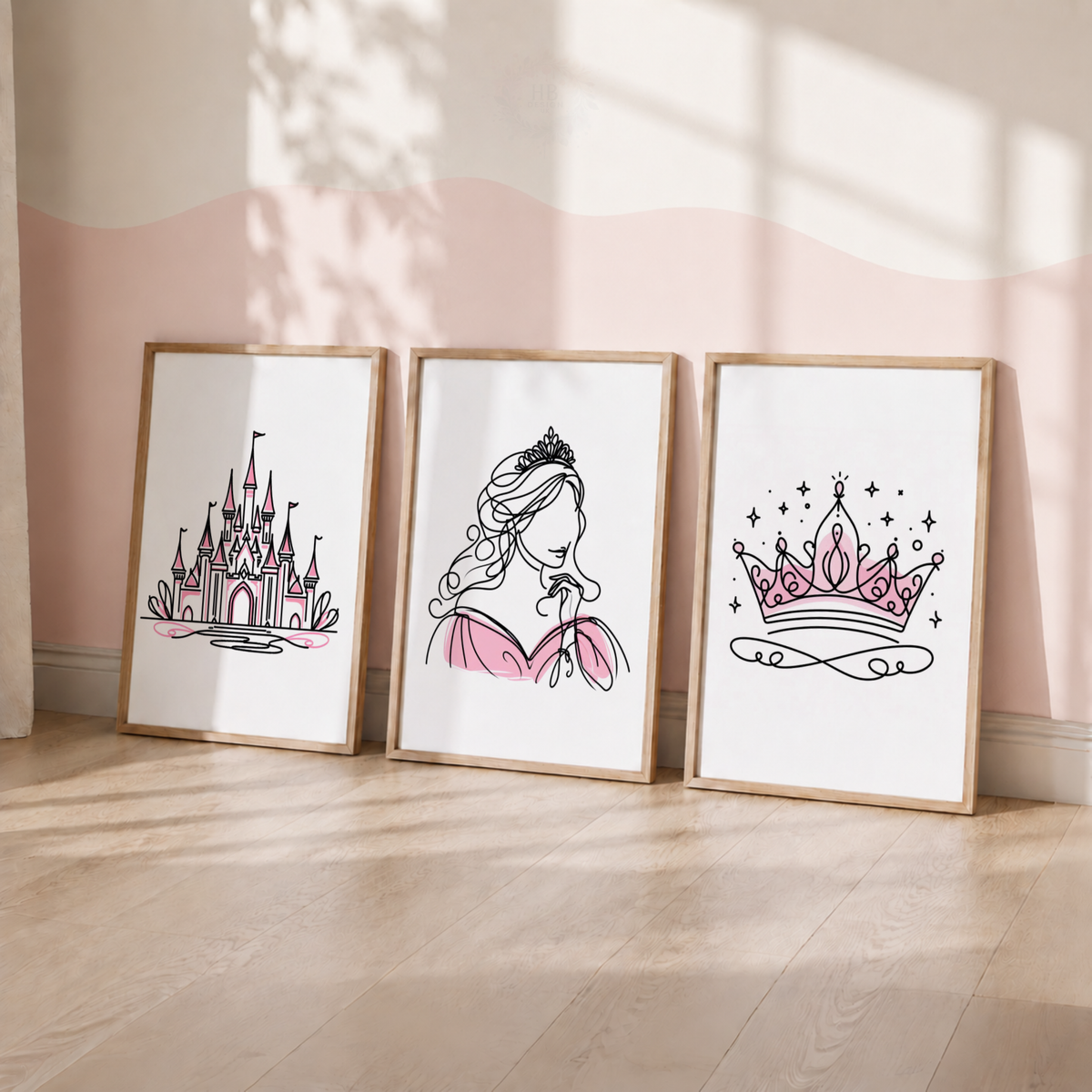 Pink Princess Wall Art Set – Castle, Princess & Crown Prints