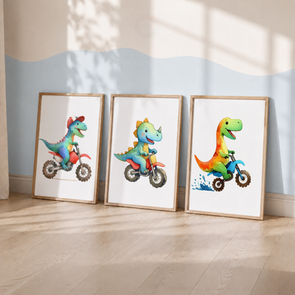 Cute Dinosaur Dirt Bike Prints Set – Colourful Kids Dinosaur Wall Art
