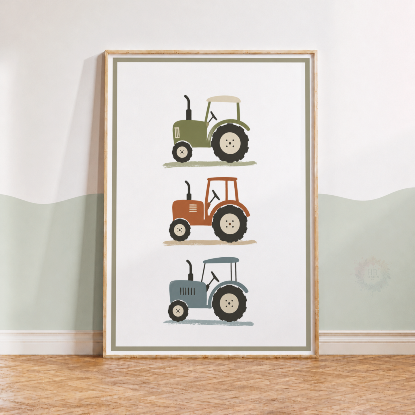 Tractor Nursery Print – Farm Vehicle Wall Art in Green, Rust & Blue