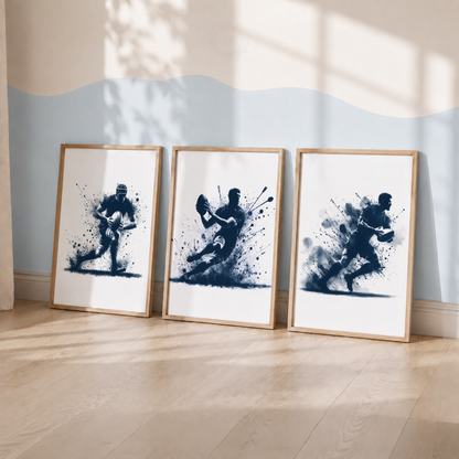 Rugby Watercolor Wall Art Set – Navy Blue Rugby Player Sports Prints