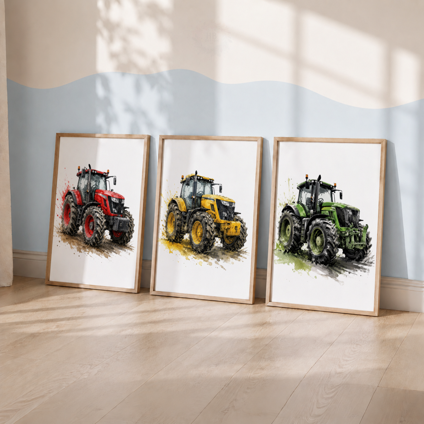 Tractor Nursery Wall Art Set – Red, Yellow & Green Farm Tractor Prints