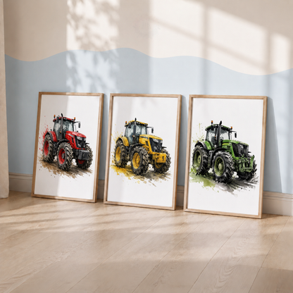 Tractor Nursery Wall Art Set – Red, Yellow & Green Farm Tractor Prints