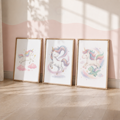 Unicorn Wall Art Set – Pastel Rainbow Nursery & Girls Bedroom Prints