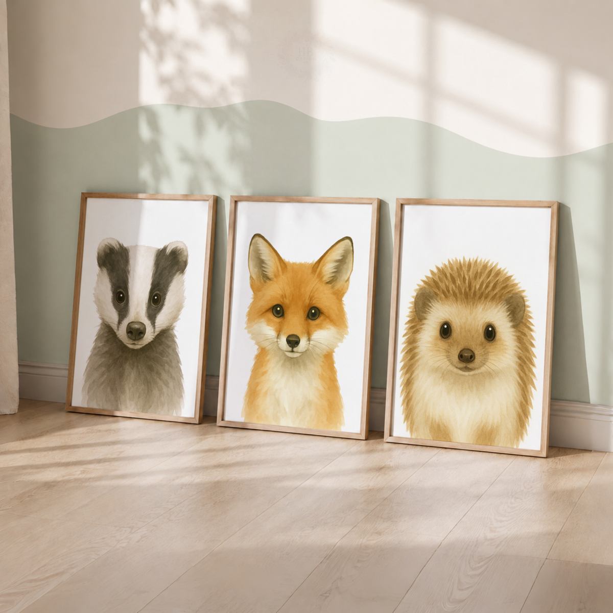 Woodland Animal Watercolor Prints Set – Badger, Fox & Hedgehog Nursery Wall Art