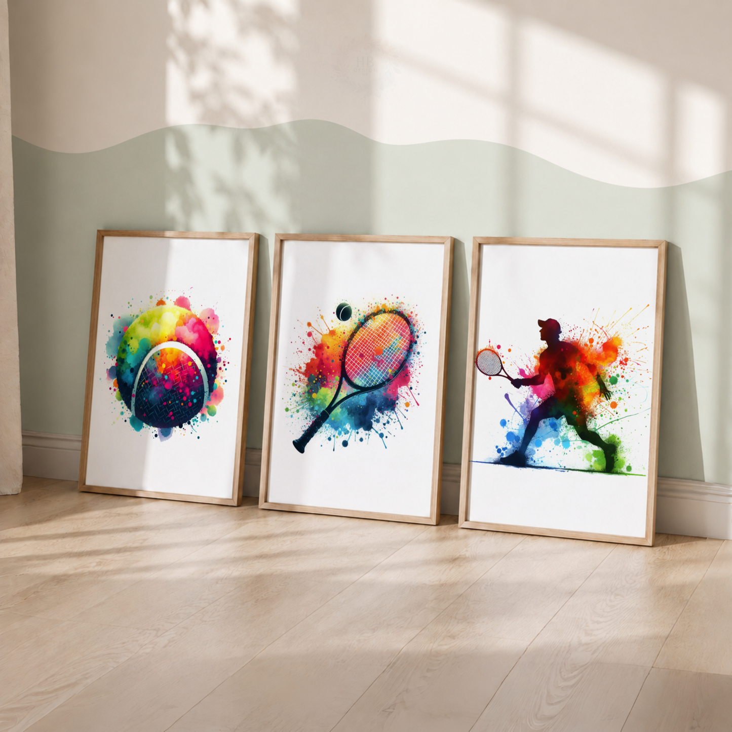 Colourful Tennis Wall Art Set – Watercolour Tennis Prints for Boys’ Bedroom