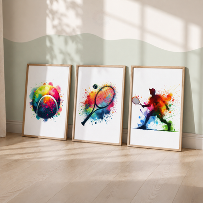 Colourful Tennis Wall Art Set – Watercolour Tennis Prints for Boys’ Bedroom