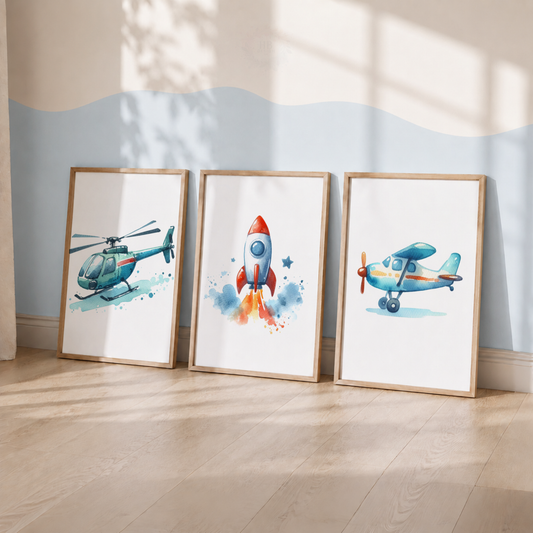 Airplane, Helicopter & Rocket Wall Art Set – Kids Aviation Prints