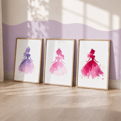 Watercolour Princess Wall Art Set – Pink & Purple Princess Silhouette Prints