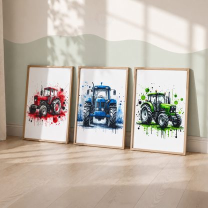 Colourful Tractor Nursery Prints Set – Red Blue & Green Farm Wall Art