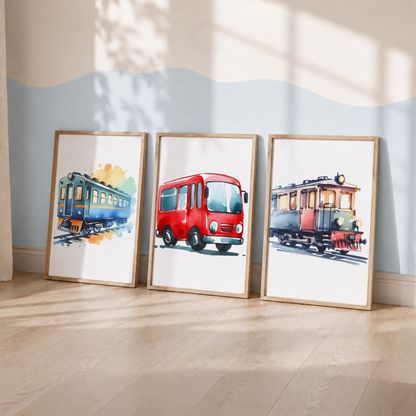 Transportation Wall Art Set – Watercolor Train, Bus & Tram Prints