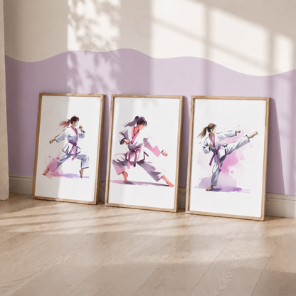 Girls Karate Wall Art Set – Pink Watercolour Martial Arts Prints