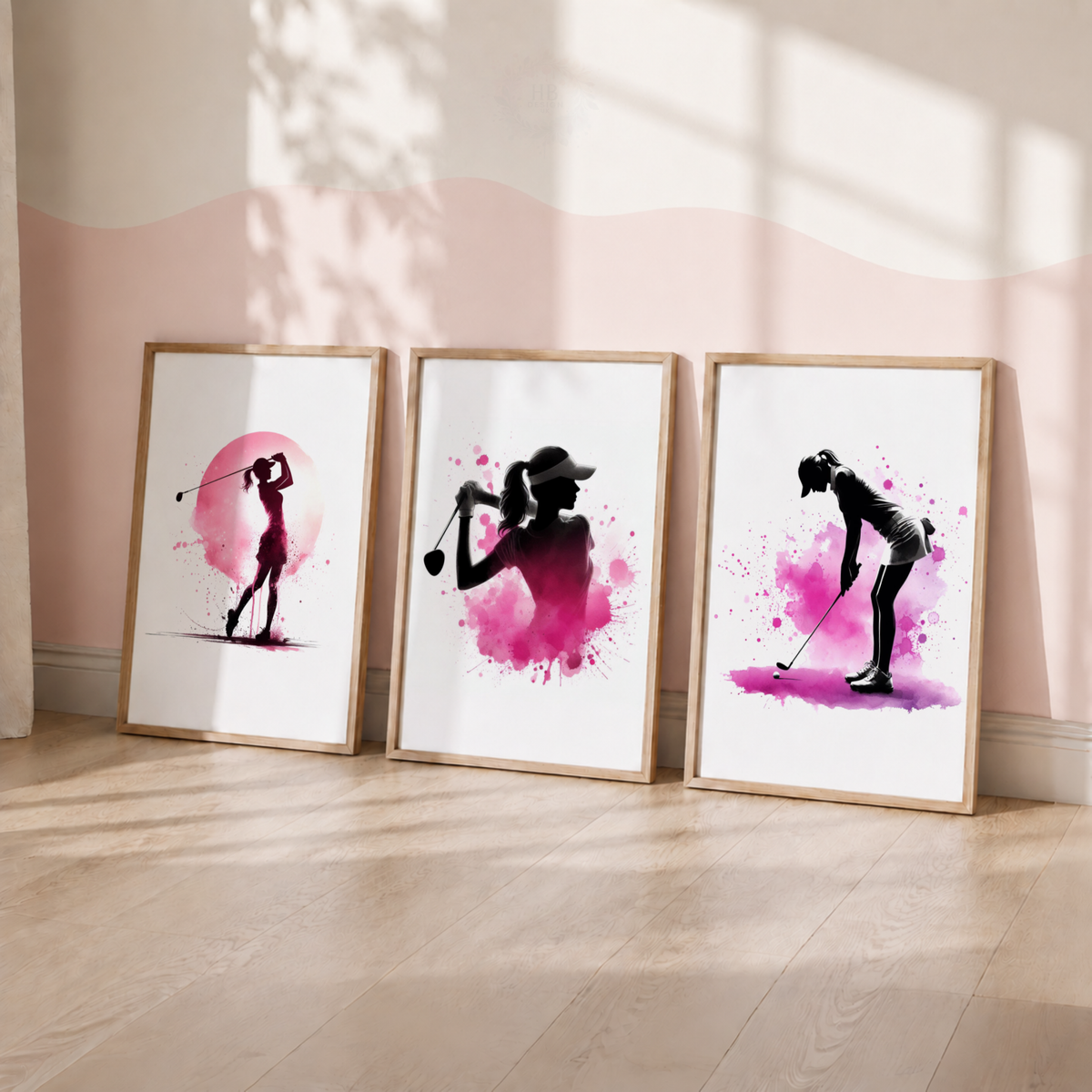 Girls Golf Wall Art Set – Pink Watercolour Golfer Prints