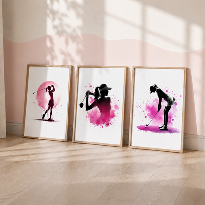 Girls Golf Wall Art Set – Pink Watercolour Golfer Prints