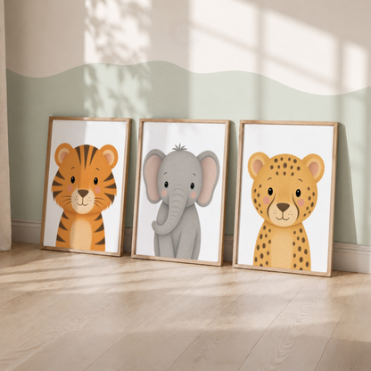 Safari Animal Nursery Prints Set – Tiger Elephant & Leopard Wall Art