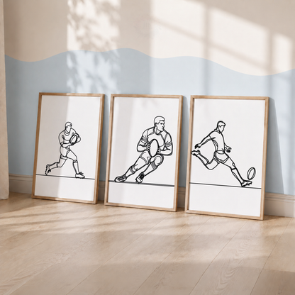 Rugby Wall Art Set – Minimalist Line Art Rugby Player Prints for Boys’ Bedroom