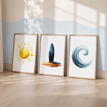 Minimalist Surf Watercolor Wall Art Set – Sun, Surfboard & Ocean Wave Prints