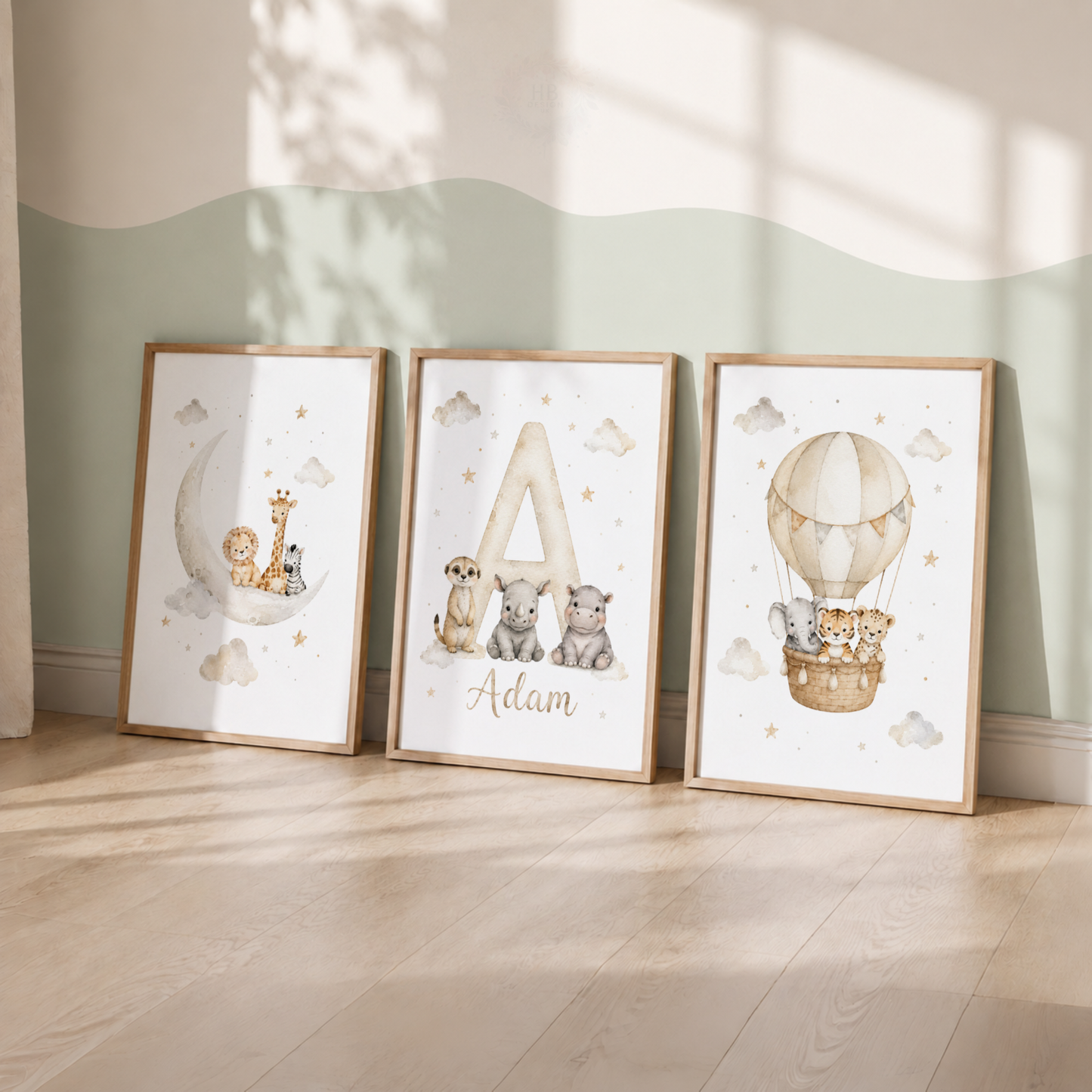 Dreamy Safari – Personalised Set of 3 Neutral Animal Nursery Prints