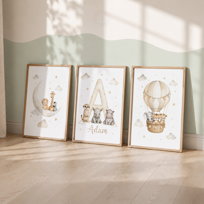 Dreamy Safari – Personalised Set of 3 Neutral Animal Nursery Prints