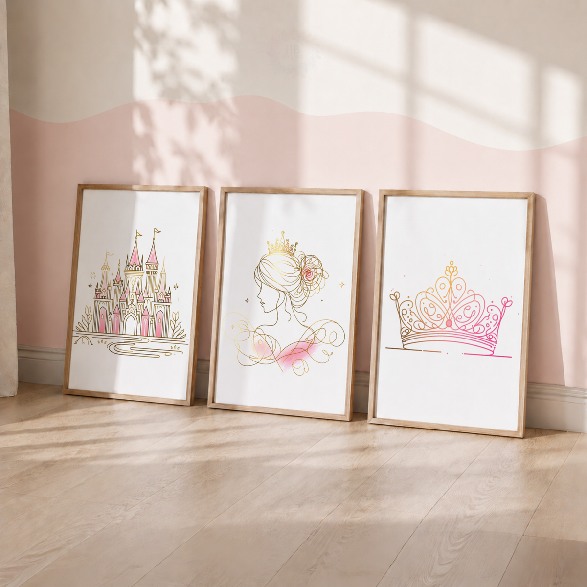 Princess Wall Art Set – Pink & Gold Castle, Princess & Crown Prints