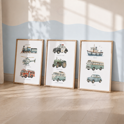 Vintage Transport Nursery Prints – Set of 3 Vehicle Wall Art for Boys’ Bedroom