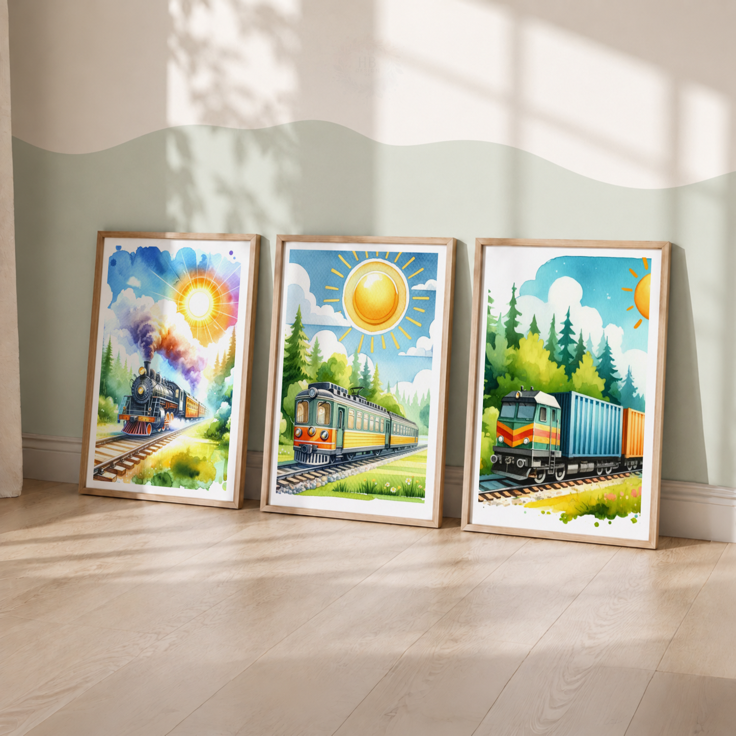 Colorful Train Wall Art Set – Kids Railway Nursery Prints