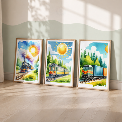 Colorful Train Wall Art Set – Kids Railway Nursery Prints
