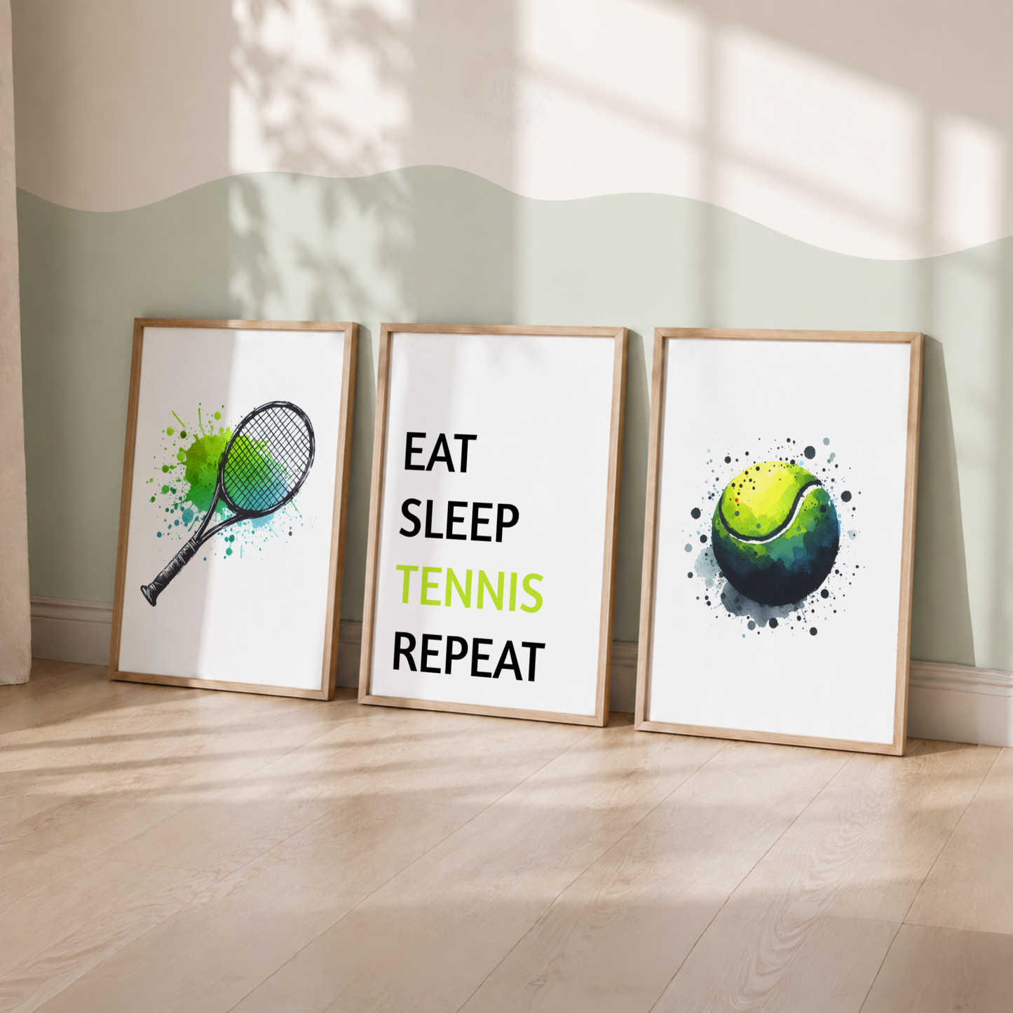 Tennis Wall Art Set – Eat Sleep Tennis Repeat Prints for Boys’ Bedroom