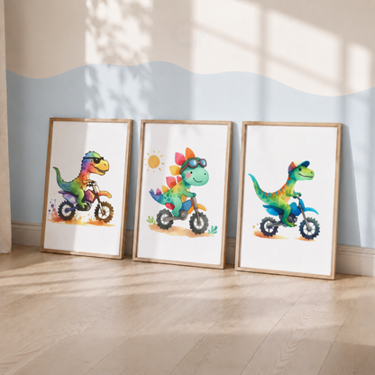 Dinosaur Motorbike Prints Set – Colourful Dinosaur Nursery Wall Art