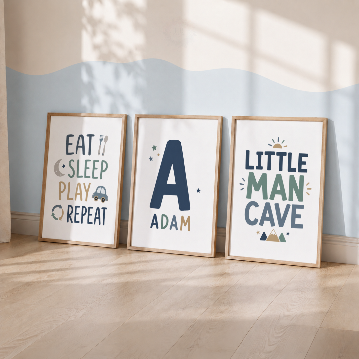 Personalised Boys Nursery Prints – Name Initial & Little Man Cave Wall Art Set