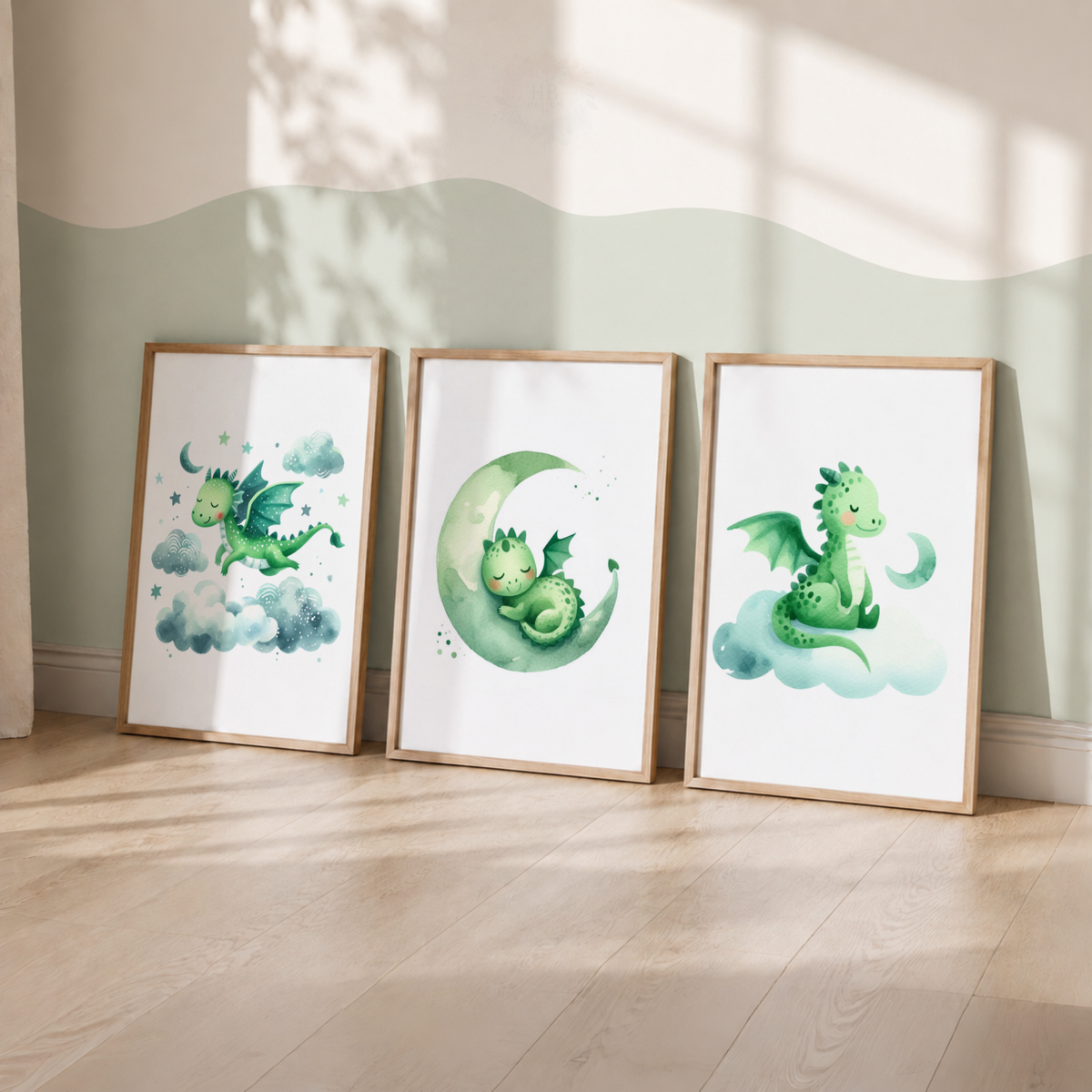 Green Watercolour Dragon Wall Art Set – Moon & Stars Nursery Prints