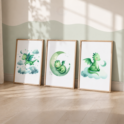 Green Watercolour Dragon Wall Art Set – Moon & Stars Nursery Prints