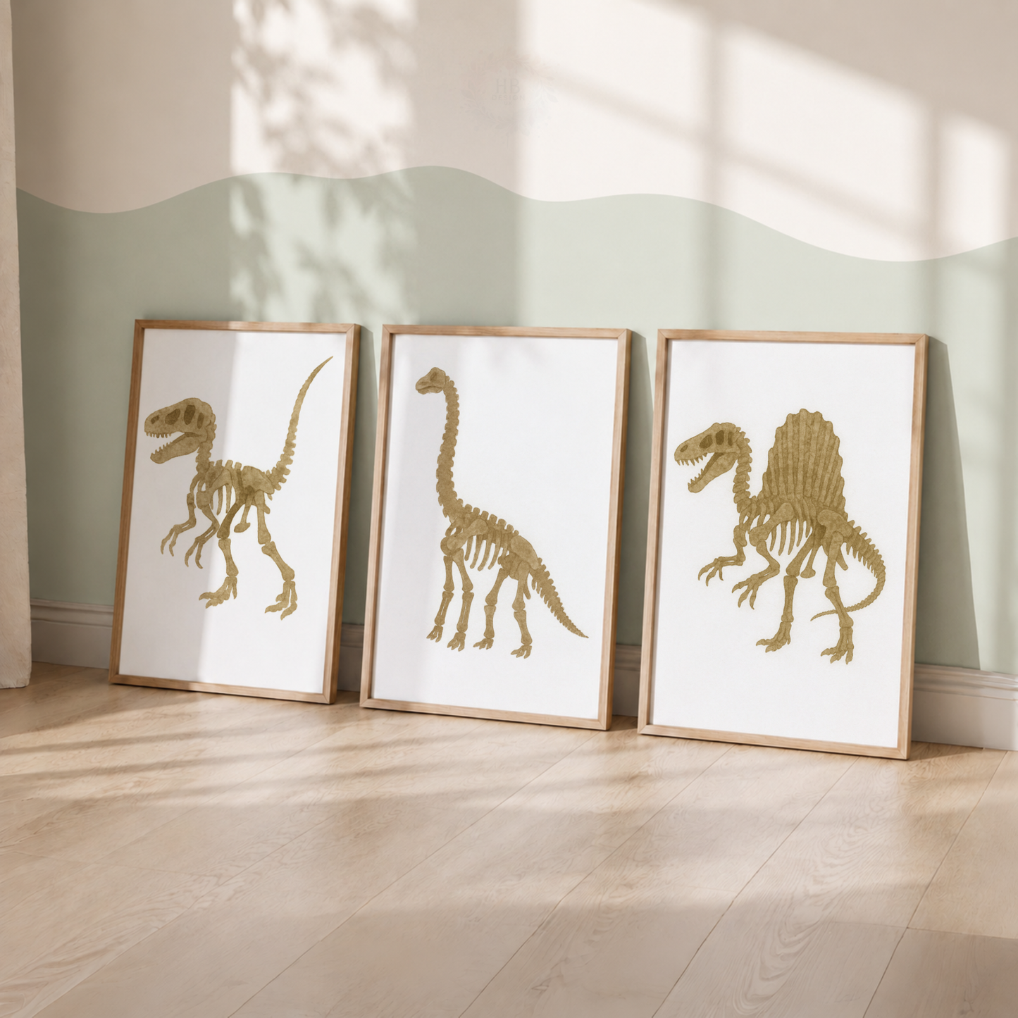 Dinosaur Skeleton Nursery Prints Set – T-Rex Brachiosaurus & Spinosaurus Fossil Wall Art