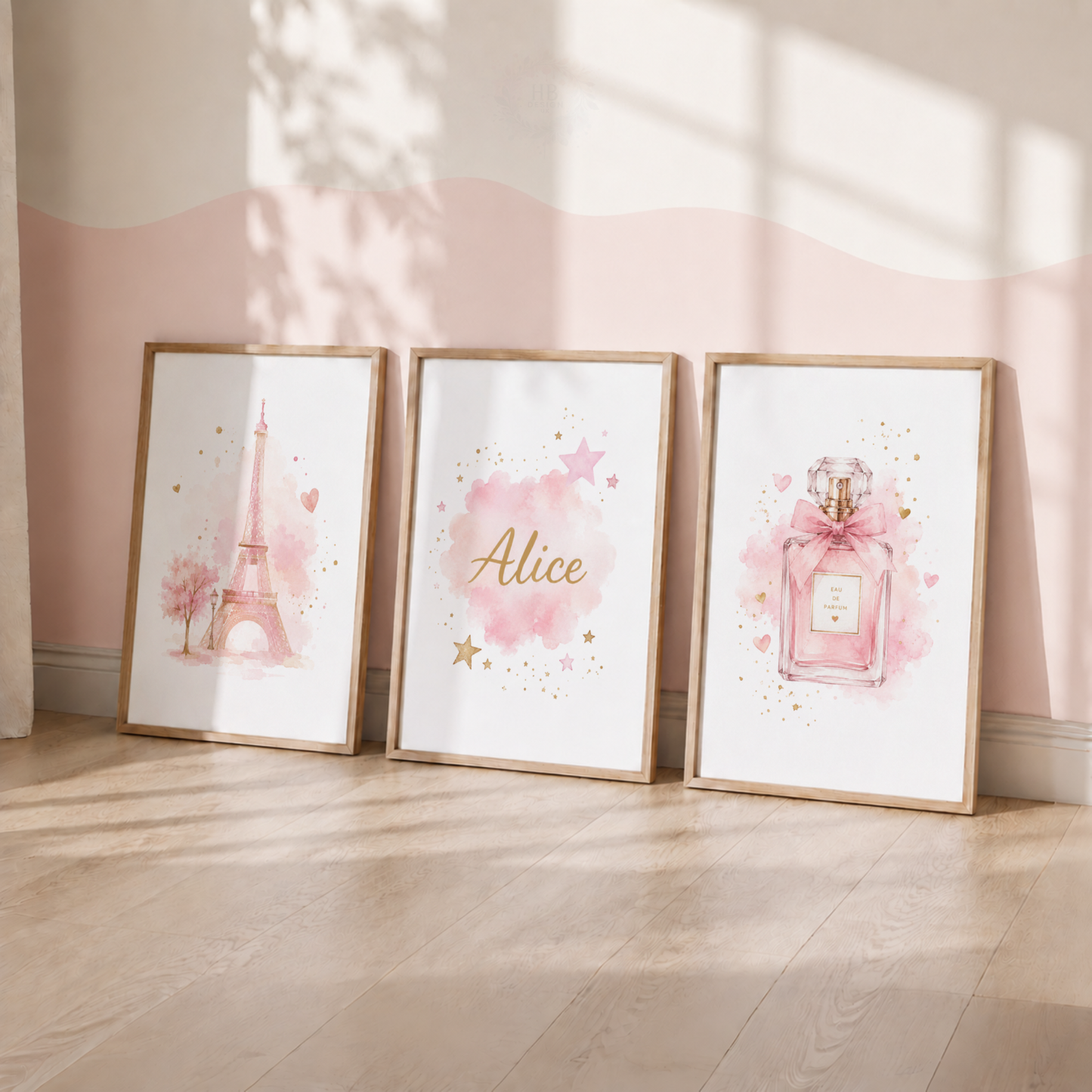 Personalised Paris Wall Art Print Set – Pink Eiffel Tower & Perfume Girls Bedroom Decor