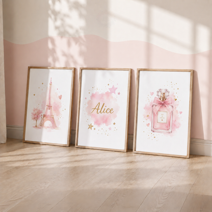 Personalised Paris Wall Art Print Set – Pink Eiffel Tower & Perfume Girls Bedroom Decor