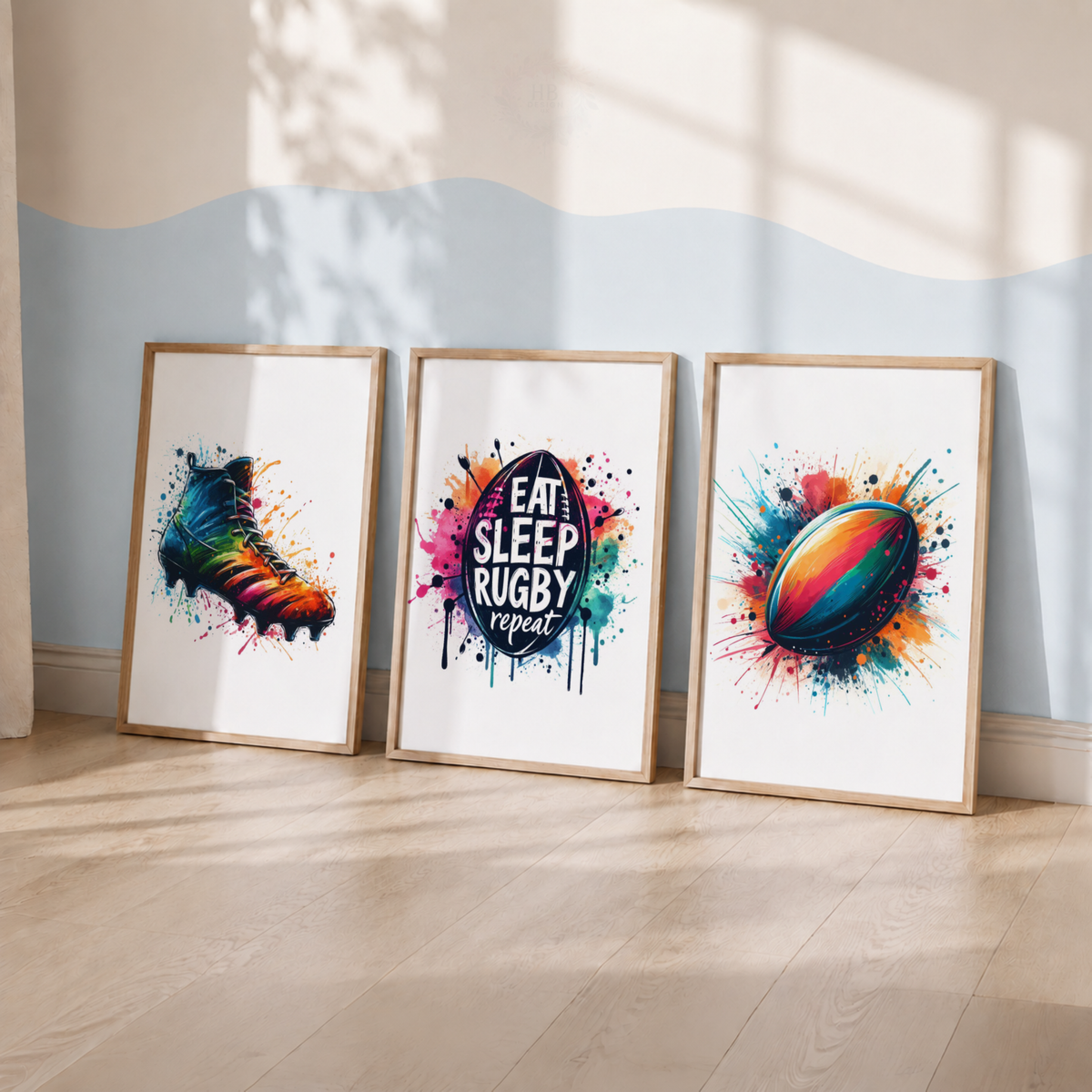 Rugby Watercolor Wall Art Set – Colourful Rugby Boot, Quote & Ball Sports Prints