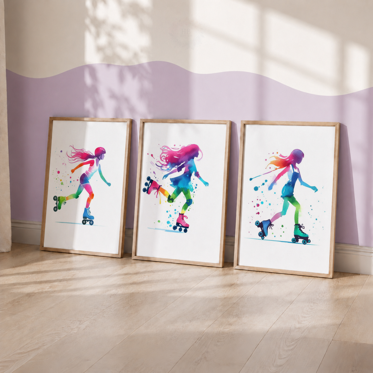 Girls Roller Skating Wall Art Set – Colourful Watercolour Roller Skater Prints