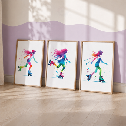 Girls Roller Skating Wall Art Set – Colourful Watercolour Roller Skater Prints