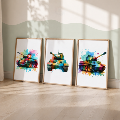 Colorful Watercolor Tank Prints Set – Military Vehicle Wall Art