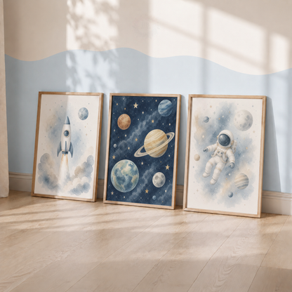 Blue Space Adventure Prints – Set of 3 Watercolour Rocket, Planets & Astronaut Nursery Wall Art
