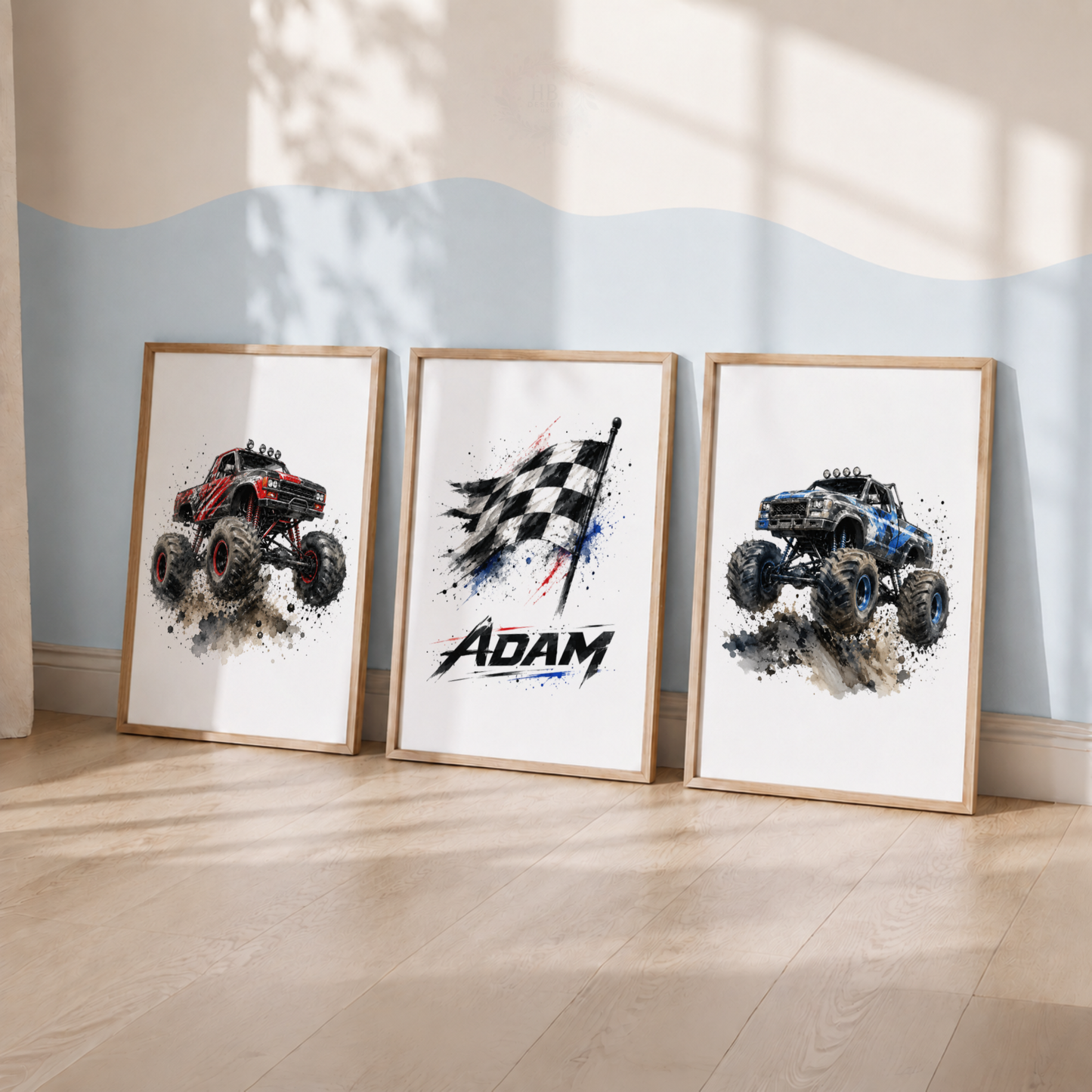 Personalised Monster Truck Wall Art Set – Racing Flag & Off-Road Truck Prints