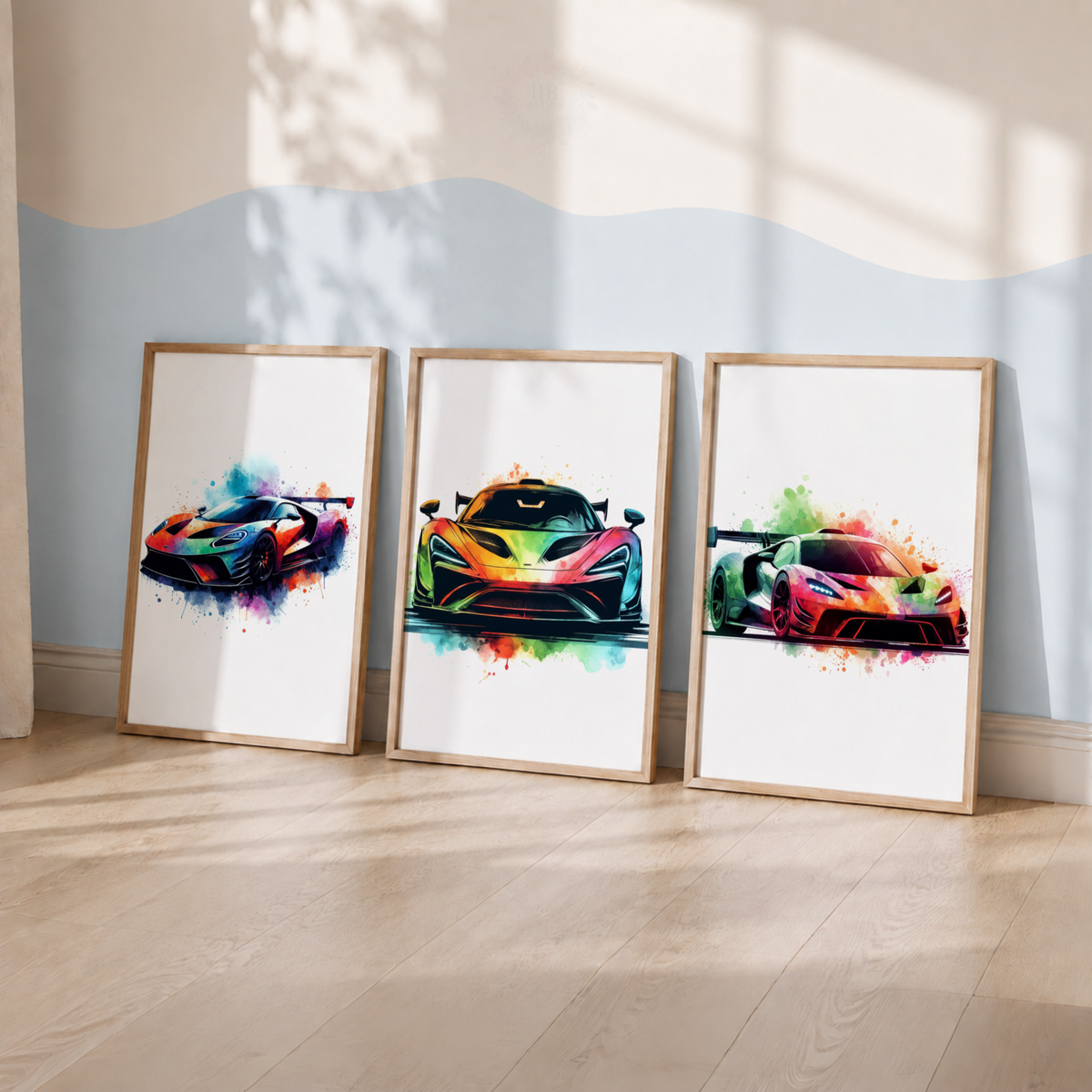 Colorful Supercar Wall Art Set – Watercolor Sports Car Prints