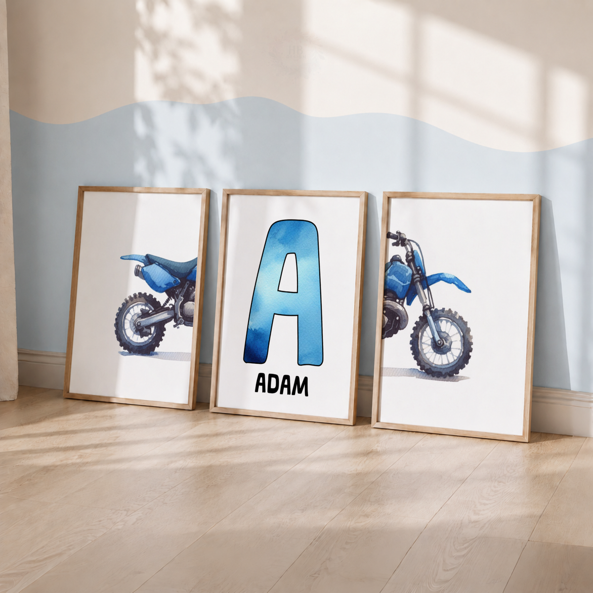 Personalised Blue Motocross Wall Art Set – Dirt Bike Name Print for Boys