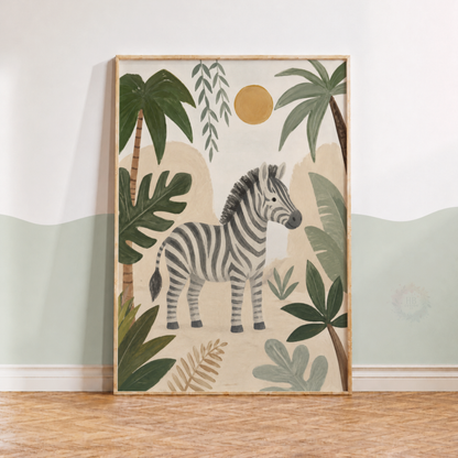 Zebra Jungle Nursery Print – Safari Animal Kids Wall Art