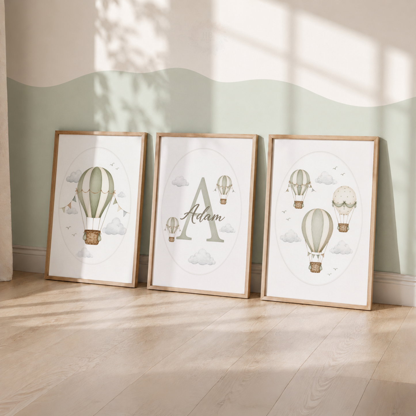 Personalised Hot Air Balloon Nursery Wall Art Print Set – Custom Name & Initial