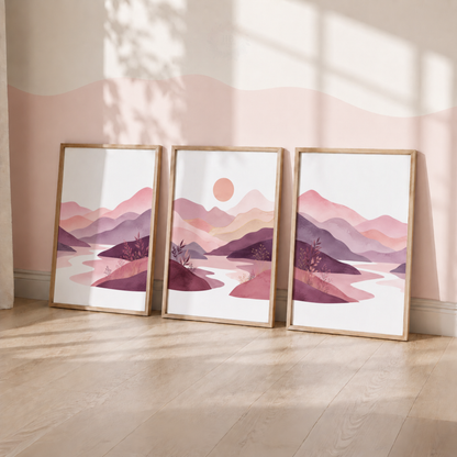 Pink & Purple Mountain Landscape Prints – Set of 3 Boho Scenic Wall Art