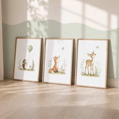 Woodland Animal Nursery Prints – Hedgehog, Fox & Deer Wall Art Set
