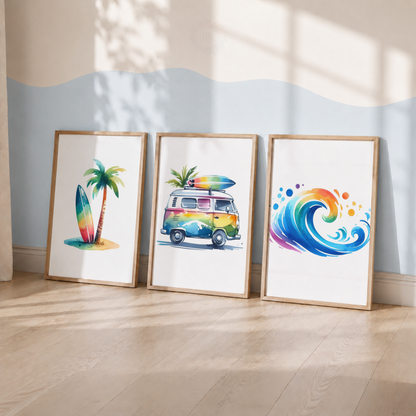Rainbow Surfing Watercolor Wall Art Set – Surf Van, Surfboard & Ocean Wave Prints